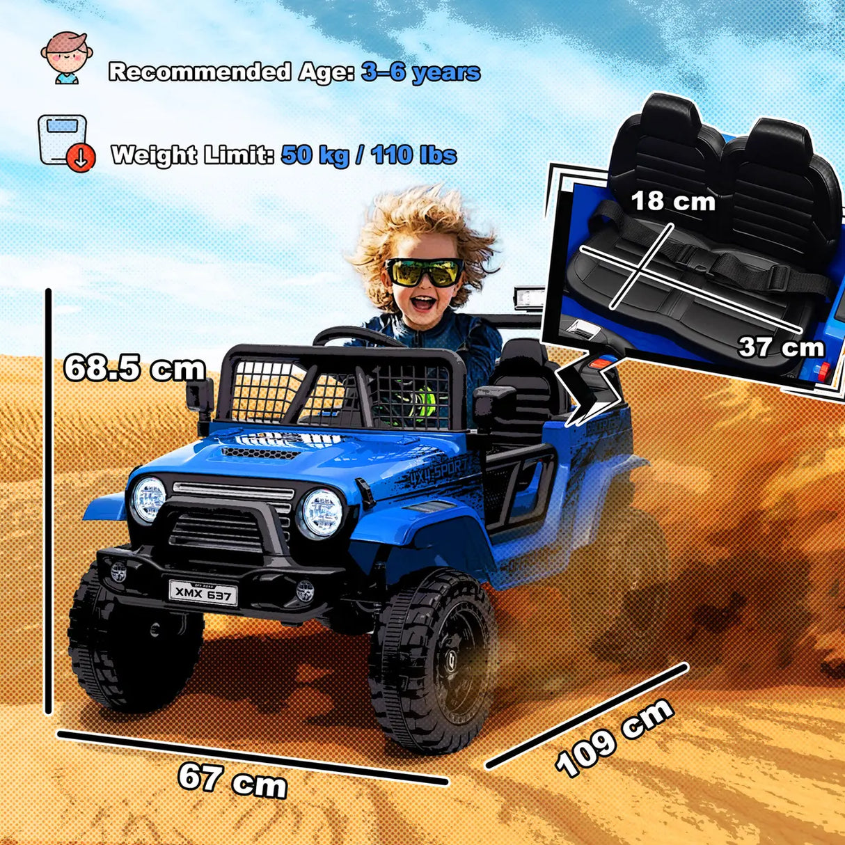 AIYAPLAY 12V Battery Powered Kids Ride-On Car, Electric Truck w/ Spring Suspension, Remote, Music, Horn, Lights, Blue