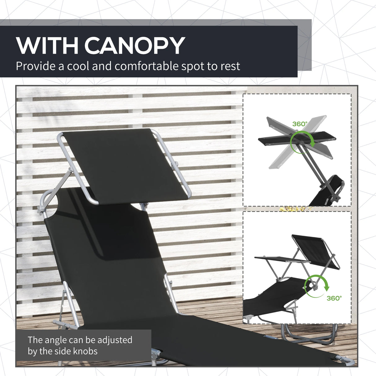 Outsunny Outdoor Foldable Sun Lounger, 4 Level Adjustable Backrest Reclining Sun Lounger Chair with Angle Adjust Sun Shade Awning for Beach, Garden, Patio, Black