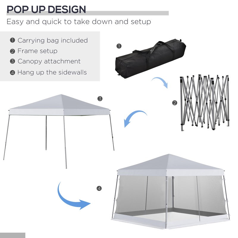 Outsunny Outdoor Garden Pop-up Gazebo Canopy Tent Sun Shade Event Shelter Folding with Adjustable Height, Mesh Screen Side Walls 3.5 M × 3.5 M Base / 3 M × 3 M Top, White