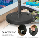 Outsunny 23.5kg Resin Garden Parasol Base with Wheels and Retractable Handles, Round Outdoor Market Umbrella Stand Weight for Poles of 38mm to 48mm, Black