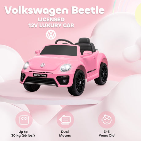 AIYAPLAY Volkswagen Beetle Licensed 12V Ride on Car w/ Remote Control, Suspension Wheels, Soft Start, Lights, Music, Pink