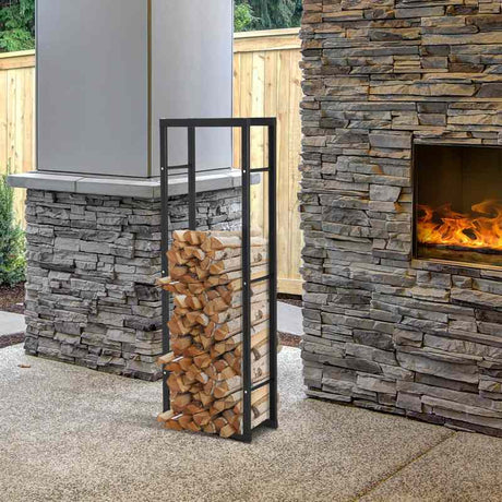 HOMCOM Metal Firewood Log Holder Tall Firewood Rack Indoor Outdoor Fireplace Wood Storage Shelf with Side Rails, Rust-Resistant, Black, 40W x 25D x 150H cm