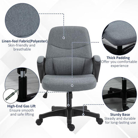 Vinsetto Office Chair, Fabric Desk Chair Mid Back Work Study Chair with Massage Lumbar Support, Adjustable Height and Swivel Wheels, Grey