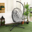 Outsunny Outdoor PE Rattan Swing Chair with Foldable Basket and Cushion, Garden Patio Hanging Egg Chair with Metal Stand, Headrest for Indoor and Outdoor, Light Grey