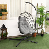 Outsunny Outdoor PE Rattan Swing Chair with Foldable Basket and Cushion, Garden Patio Hanging Egg Chair with Metal Stand, Headrest for Indoor and Outdoor, Light Grey