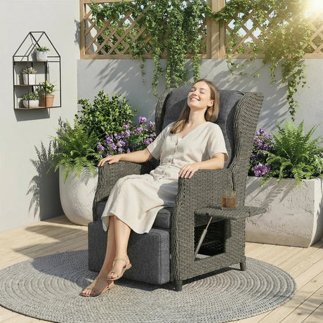 Outsunny Rattan Garden Recliner Chair, Reclining Garden Chair with Adjustable Back and Footrest, Flip Table, Cushion, Dark Grey