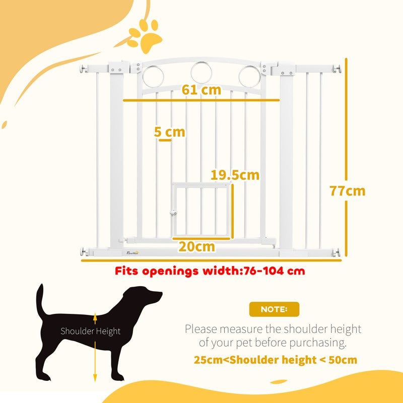 PawHut 77cm Tall Dog Gate with Cat Door, 7cm and 14cm Extensions, for Stairs, Doorways, 76-104cm Width