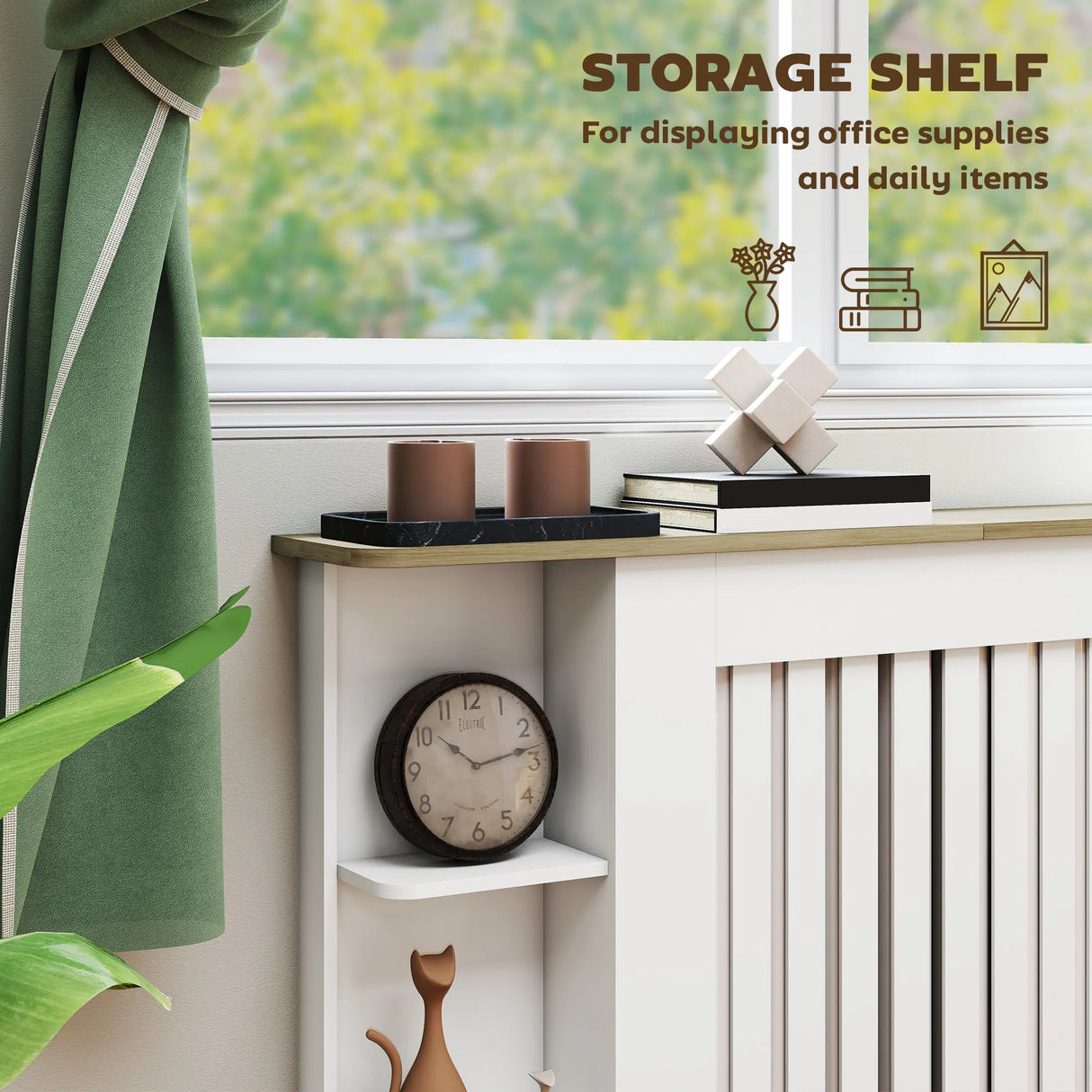 HOMCOM Radiator Cover with Open Storage Shelves, Vertical Slatted Cabinet Shelf Heater Cover for Living Room, Hallway, Large, White (H: 83 / W: 152 / D: 19 cm)