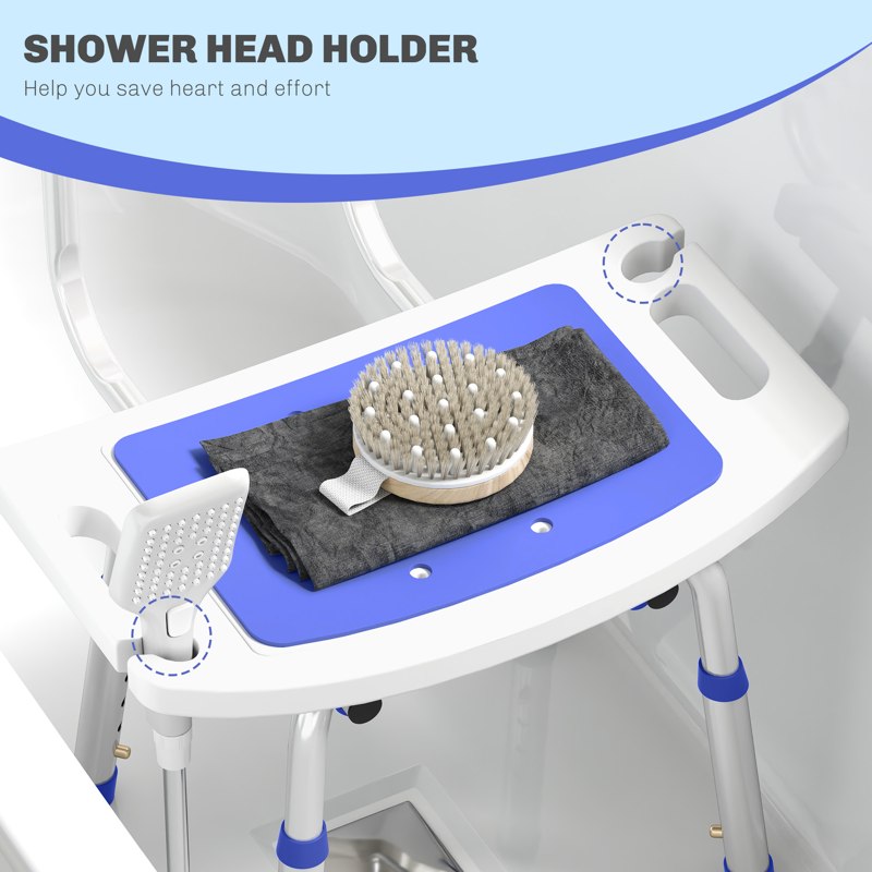 HOMCOM Shower Stool with Backrest, Height Adjustable Shower Chair with Anti-slip Foot Pads, Shower Head Holder, Blue