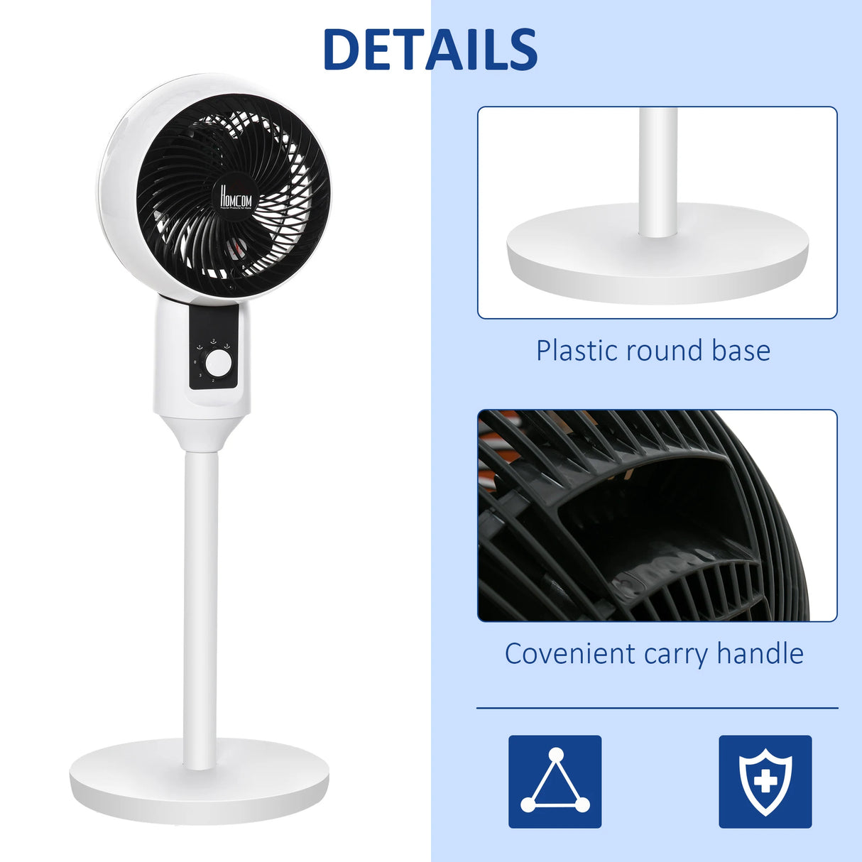 HOMCOM 9'' Air Circulator Fan 3 Speed, 70 Oscillation 90 Vertical Tilt, Carry Handle, Pedestal Fan, Pedestal Fan for Living Room, Bedroom, Office, White and Black