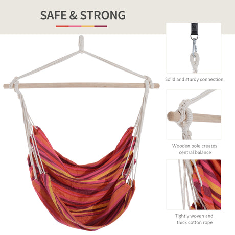 Outsunny Outdoor Hanging Rope Chair with Cotton Rope, Garden Hammock Chair with Wooden Support Bar Cotton Cloth, Portable Garden Chair for Patio & Tree, Red