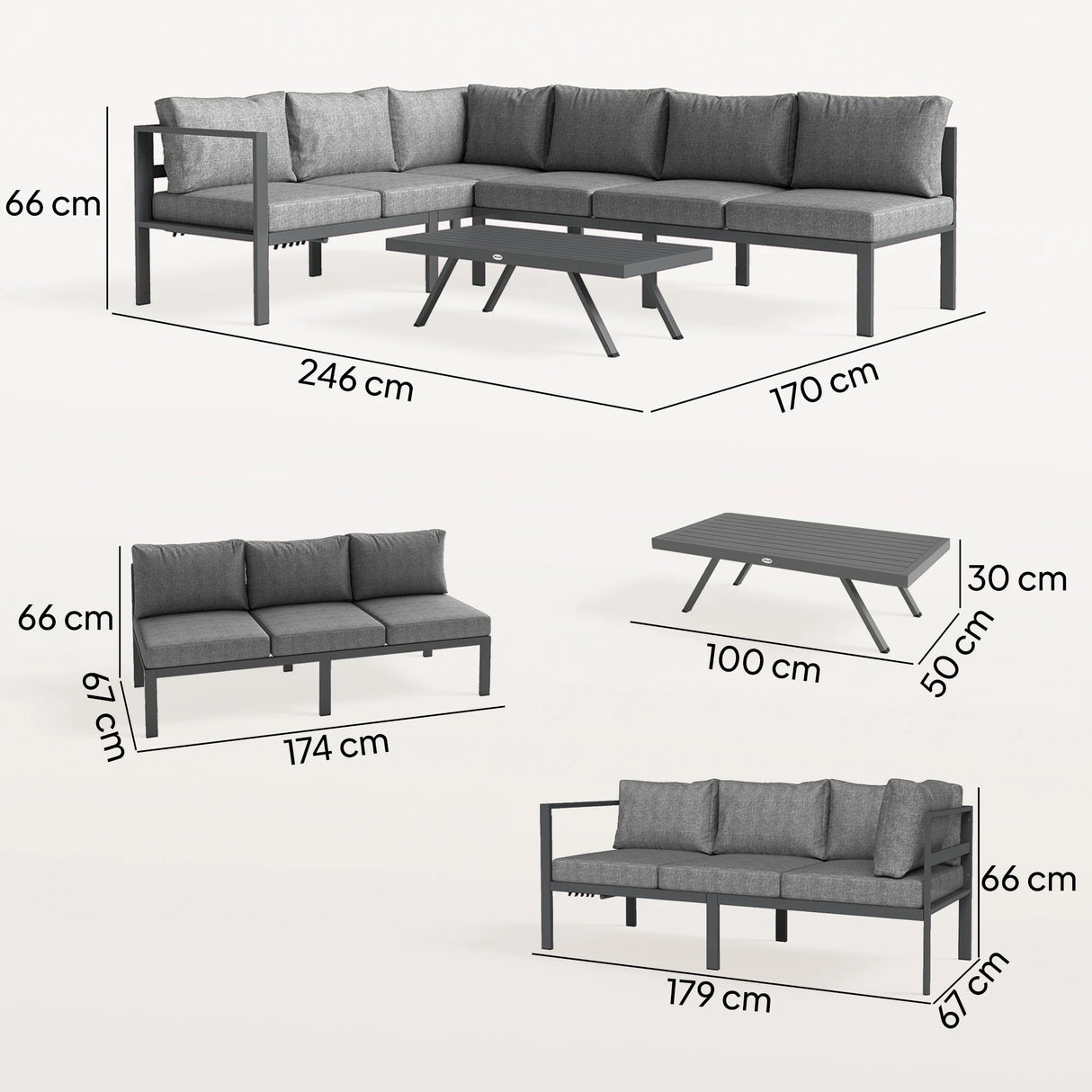 Outsunny 3 Pieces Garden Furniture Set, Aluminium Corner Lounge Set with Adjustable Backrest and Coffee Table