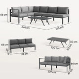 Outsunny 3 Pieces Garden Furniture Set, Aluminium Corner Lounge Set with Adjustable Backrest and Coffee Table