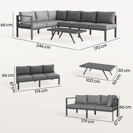 Outsunny 3 Pieces Garden Furniture Set, Aluminium Corner Lounge Set with Adjustable Backrest and Coffee Table