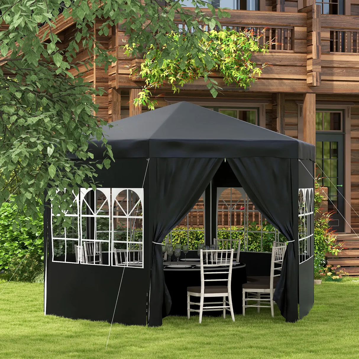 Outsunny 4 m Party Tent Wedding Gazebo Outdoor Waterproof PE Canopy Shade with 6 Removable Side Walls