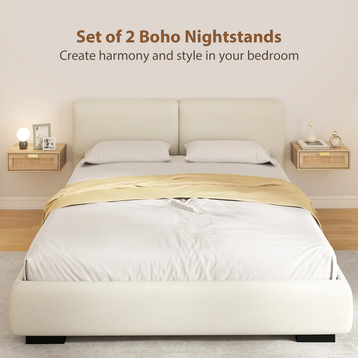 HOMCOM Floating Bedside Tables Set of 2, Wall Mounted Bedside Cabinets with Rattan Drawer and Wood Effect, Oak