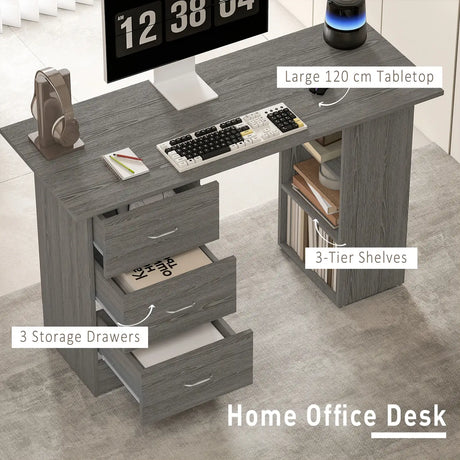 HOMCOM Computer Desk, Writing Table, PC Workstation with 3 Storage Shelves and Drawers, Silver Handle, for Home Office, Grey