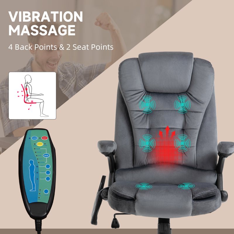 Vinsetto Massage Recliner Chair Heated Office Chair with Six Massage Points Velvet-Feel Fabric 360 Swivel Wheels Grey