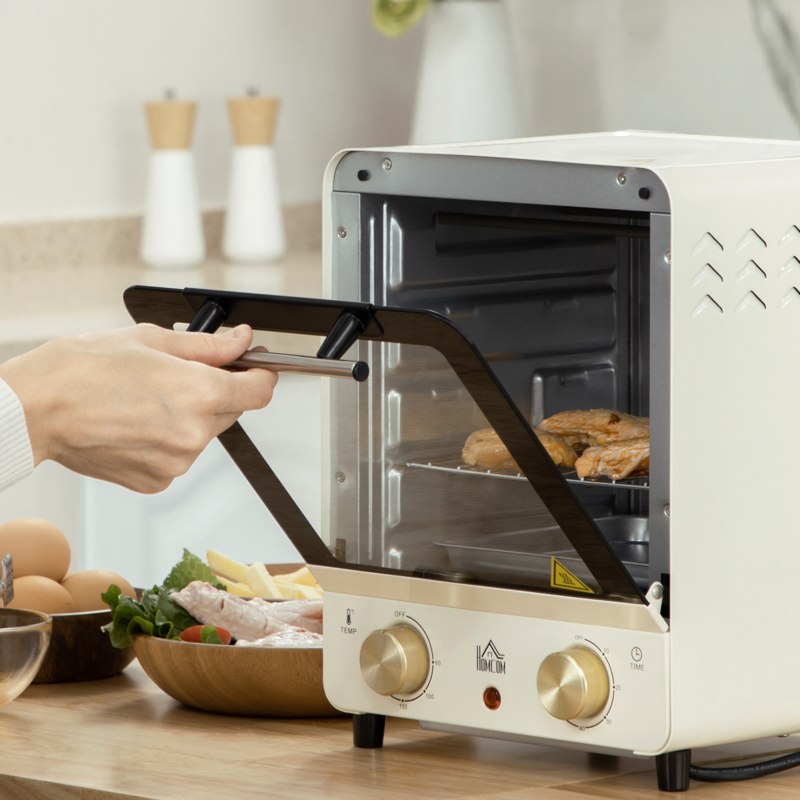 HOMCOM Mini Oven, 15 Litres Electric Oven and Grill with 60-230℃ Adjustable Temperature, 60 Minute Timer, Include Baking Tray, Wire Rack and Crumb Tray, 1000W, Cream White