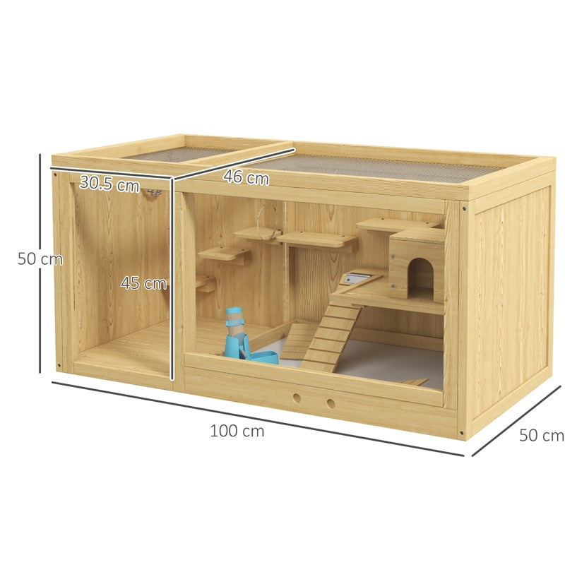 PawHut Wooden Hamster Cage with Water Bottle, Platforms, Openable Roof, Sliding Tray, Hut, Seesaws, Natural Wood Finish