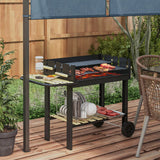 Outsunny Charcoal BBQ Grill, Barbecue Trolley with Double Adjustable Grill, Side Table, Storage Shelf and Wheels for Outdoor Garden Party Cooking, Black