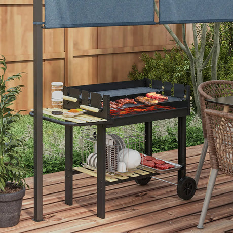 Outsunny Charcoal BBQ Grill, Barbecue Trolley with Double Adjustable Grill, Side Table, Storage Shelf and Wheels for Outdoor Garden Party Cooking, Black
