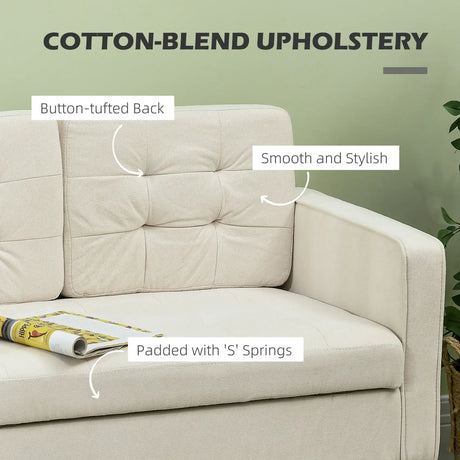 HOMCOM Modern Loveseat Sofa, Compact 2 Seater Sofa with Hidden Storage, 117cm Tufted Cotton Couch with Wood Legs, Cream White
