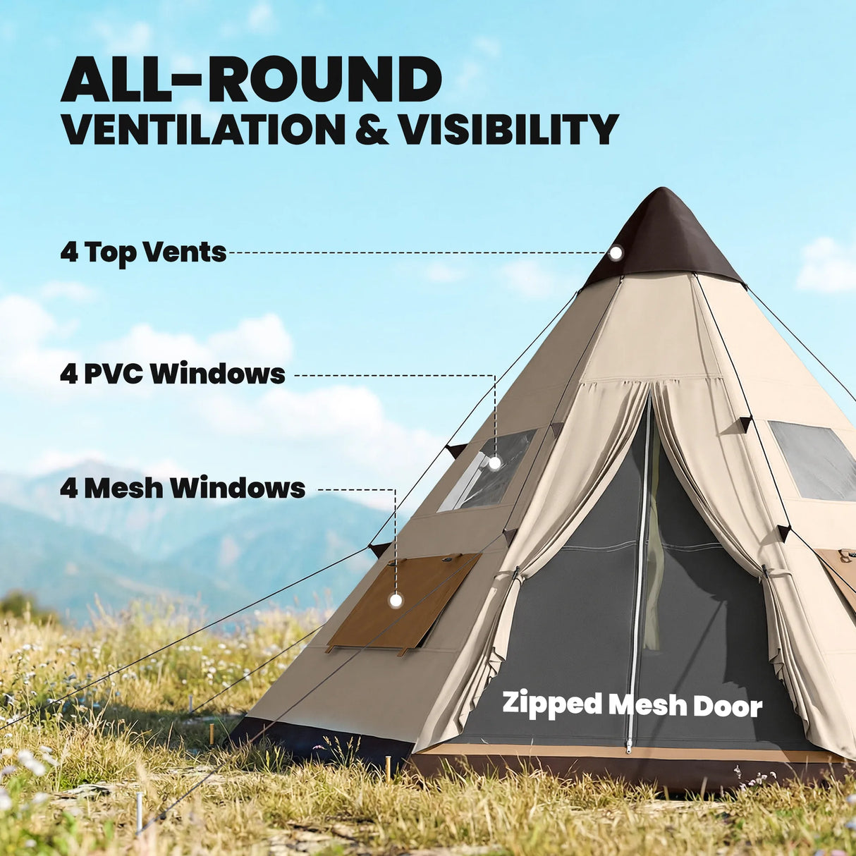 Outsunny 6 Men Tipi Tent with Carry Bag - Khaki