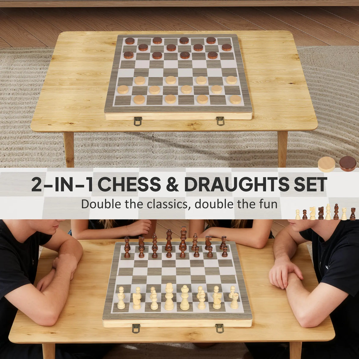 SPORTNOW 15 Inch Chess Set, Foldable Chess and Draughts Set, Brown