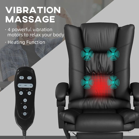 Vinsetto High Back Vibration Massage Office Chair, Heated Reclining PU Leather Computer Chair with 135° Reclining Back and Footrest, Black