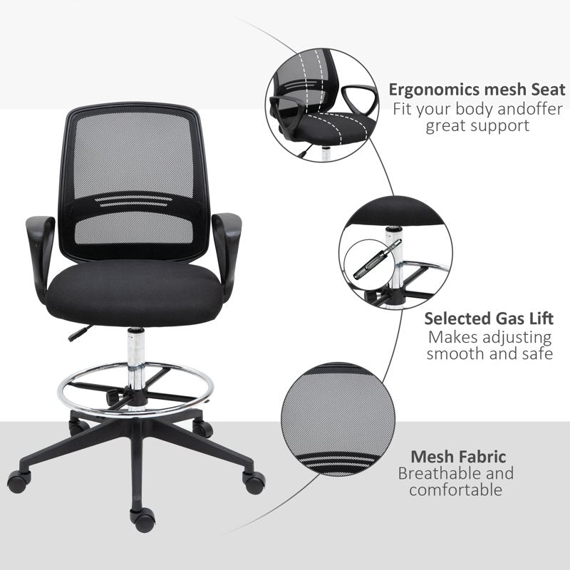 Vinsetto Ergonomic Mesh Back Draughtsman Chair, Tall Standing Desk Chair with Adjustable Height and Footrest 360 Swivel, Black