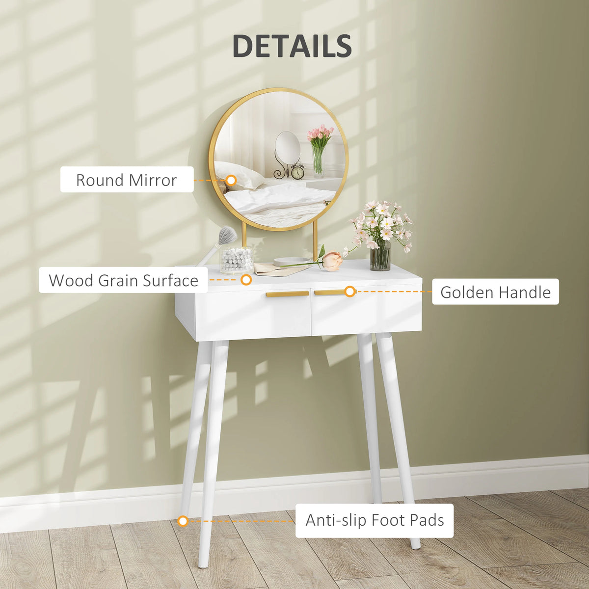 HOMCOM Elegant Dressing Table, with Round Mirror, 60 x 40 x 123 cm - White