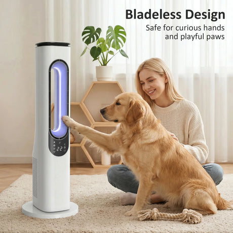 HOMCOM Bladeless Tower Fan for Bedroom, 35dB Standing Cooling Fan with Oscillating, LED Lights, 3 Speeds, 15H Timer, White