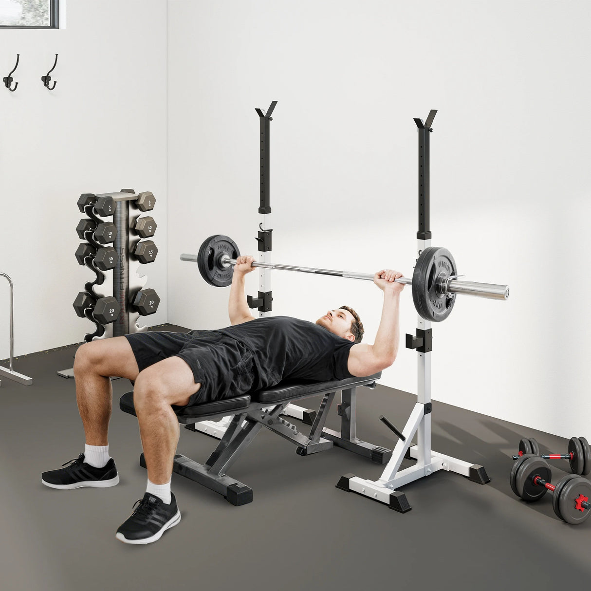 HOMCOM Weights Bar Barbell Rack Squat Stand Adjustable Portable Weight Lifting Max Load 200kg, Suitable For Home Gym Training Work Out