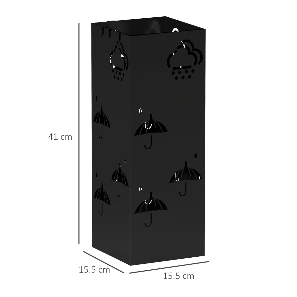 HOMCOM Metal Umbrella Stand, Square Umbrella Holder with Removable Drip Tray and 4 Hooks, Decorative Umbrella Storage Rack for Hallway, Entryway, 15.5 x 15.5 x 41 cm, Black