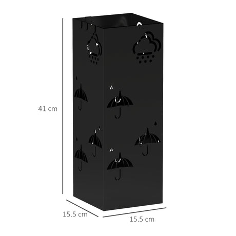 HOMCOM Metal Umbrella Stand, Square Umbrella Holder with Removable Drip Tray and 4 Hooks, Decorative Umbrella Storage Rack for Hallway, Entryway, 15.5 x 15.5 x 41 cm, Black