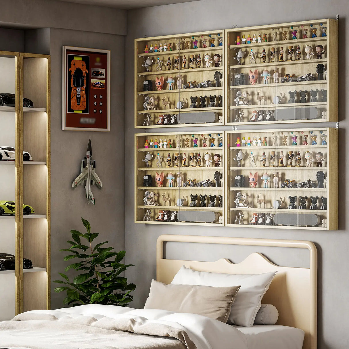 HOMCOM 5-Tier Wall Display Shelf Unit Cabinet w/ 4 Adjustable Shelves Glass Doors Home Office Ornaments 60x80cm Oak