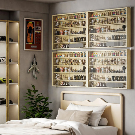 HOMCOM 5-Tier Wall Display Shelf Unit Cabinet w/ 4 Adjustable Shelves Glass Doors Home Office Ornaments 60x80cm Oak