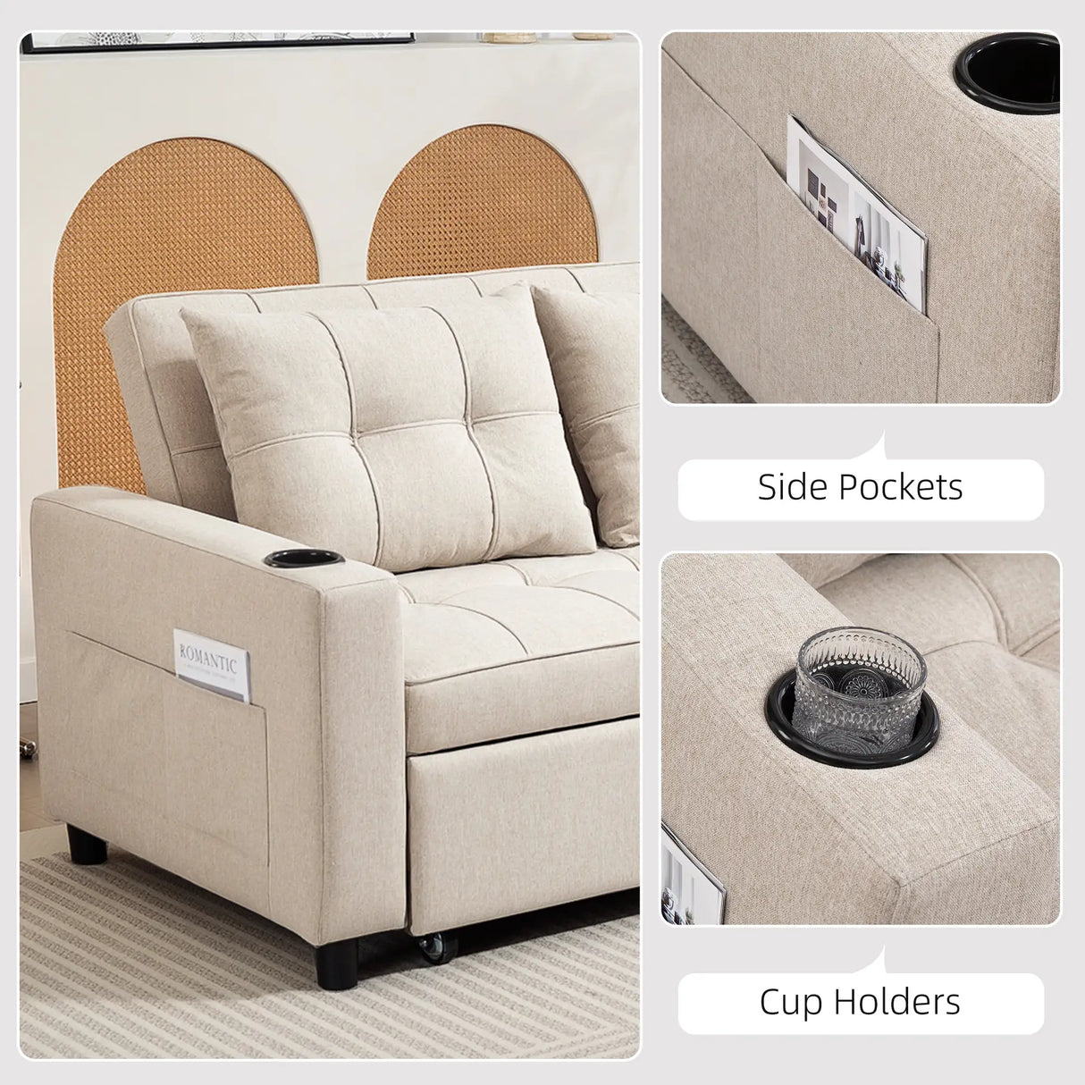 HOMCOM Two-Seater Pull-Out Sofa Bed - Beige