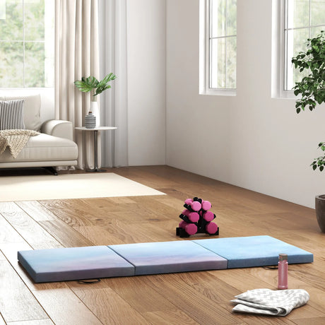 HOMCOM 6FT Foldable Gymnastics Mat, Tri-Fold 2" Thick Crash Mat with Carry Strap Handles for Home Training, Sky Blue