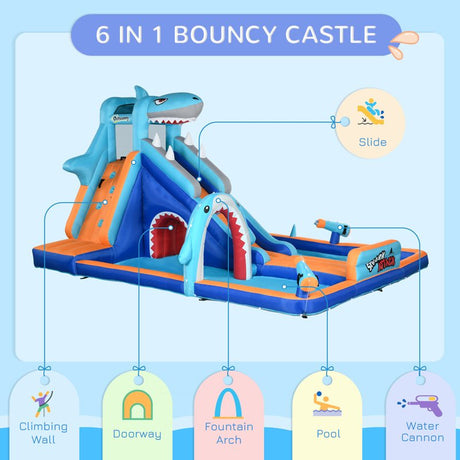 Outsunny 6 in 1 Shark-Themed Bouncy Castle, Inflatable Water Park, with Slide, Pool, Trampoline, Blower, for Ages 3-8 Years