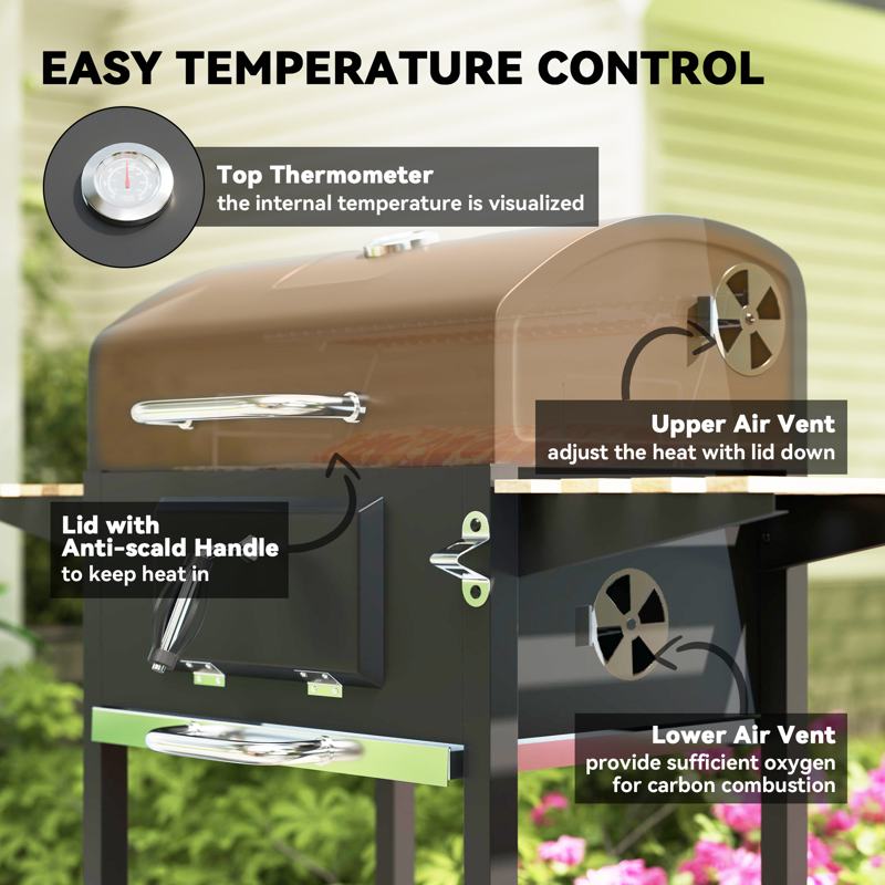 Outsunny Charcoal BBQ Grill with Height Adjustable Charcoal Pan, Portable Barbecue Smoker with Warming Rack, 3 Shelves, Temperature Gauge, Wheels, Bottle Opener for Outdoor Cooking Garden Party