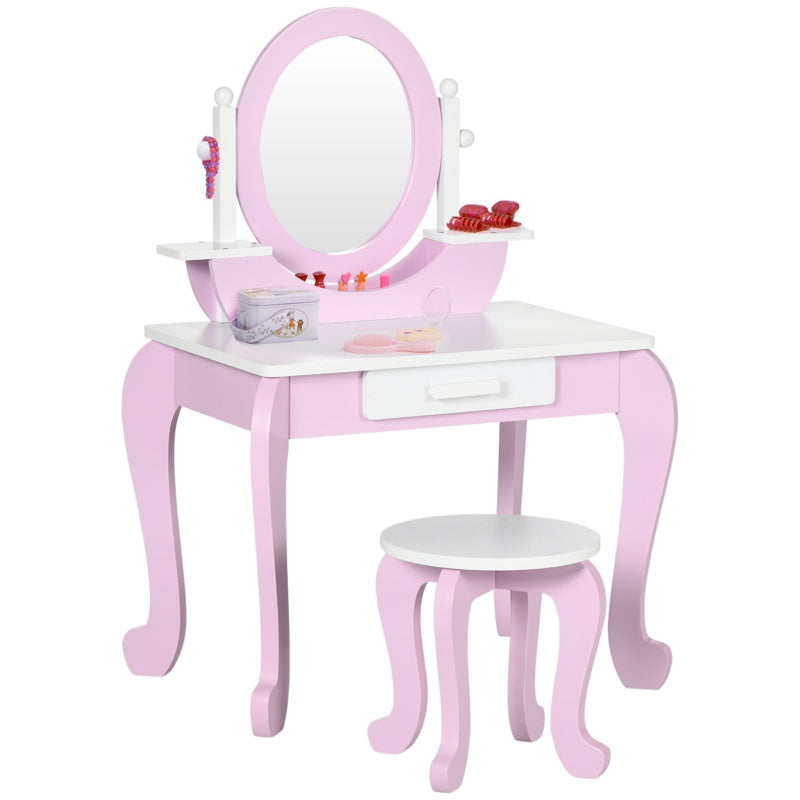 ZONEKIZ Kids Dressing Table Set, with Mirror, Stool, for Ages 3-6 Years - Pink