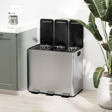 HOMCOM 3 x 15L Pedal Bin, Steel Triple Kitchen Bin with Soft Close Lid, Removable Inner Buckets, Fingerprint-Proof, Silver