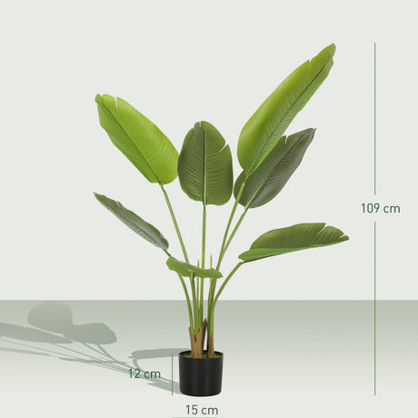 HOMCOM 109cm Artificial Bird of Paradise Plant, Faux Banana Leaf Tree with PEVA Leaves and Flocking, Decorative Palm Tree in Pot for Home Office Decor, Green