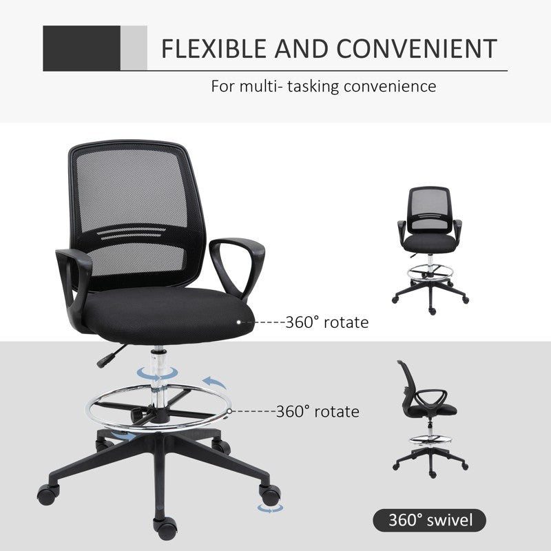 Vinsetto Ergonomic Mesh Back Draughtsman Chair, Tall Standing Desk Chair with Adjustable Height and Footrest 360 Swivel, Black