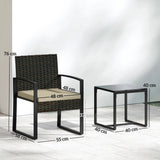 Outsunny Rattan Bistro Set, 3 Piece Garden Furniture Set with Glass Top Table and Cushions, Khaki