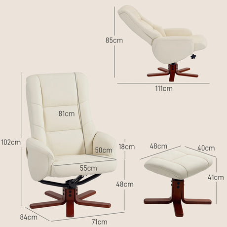 HOMCOM Rocking Recliner Chair with Footstool, PU Leather Recliner Armchair with Wood Base, Upholstered Reclining Chair for Living Room Bedroom, Cream