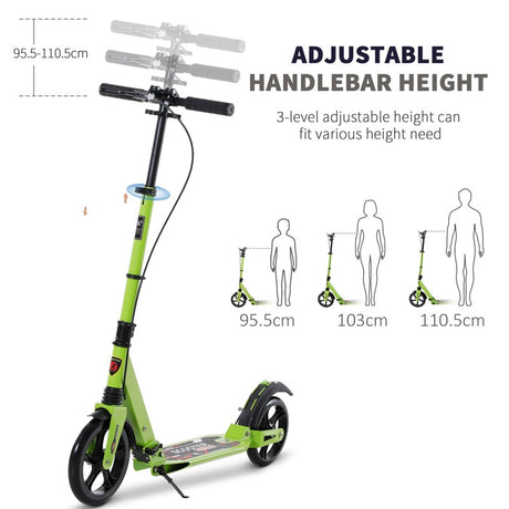 HOMCOM Kick Scooter, Folding 2 Wheel Scooter for 14+ Teens Adults, with Dual Brake System, Dual Suspension, 230mm Big Wheels, 3 Adjustable Handlebar, up to 100KG, Green