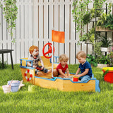 Outsunny Sand pit Kids Children Sandpit Wooden Pirate Ship Sandboat Outdoor Backyard Playset w/Bench Bottom Liner